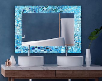 Blue Tempered Glass Wall Mirror: Asymmetrical Mosaic Decor