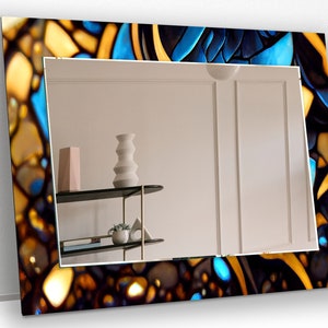 Tempered Glass Mirror Wall Art for Blue Bathroom Mirror, Blue Round Wall Mirror, Stained wall Mirror, Mirror, Bedroom Mirror Design
