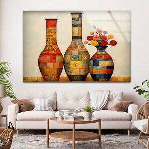Patchwork Pottery Glass Wall Art, Colorful Vases, Floral Still Life