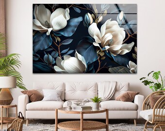 ホワイトマグノリアのガラス製ウォールアート、ネイビーブルーの植物画、エレガントな花の枝の装飾、ムーディーなモダンホームアクセント