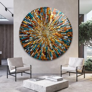 Round Tempered Glass Wall Art, Gold Teal Sunburst Glass Art, Colorful Mosaic Wall Decor for Living Room
