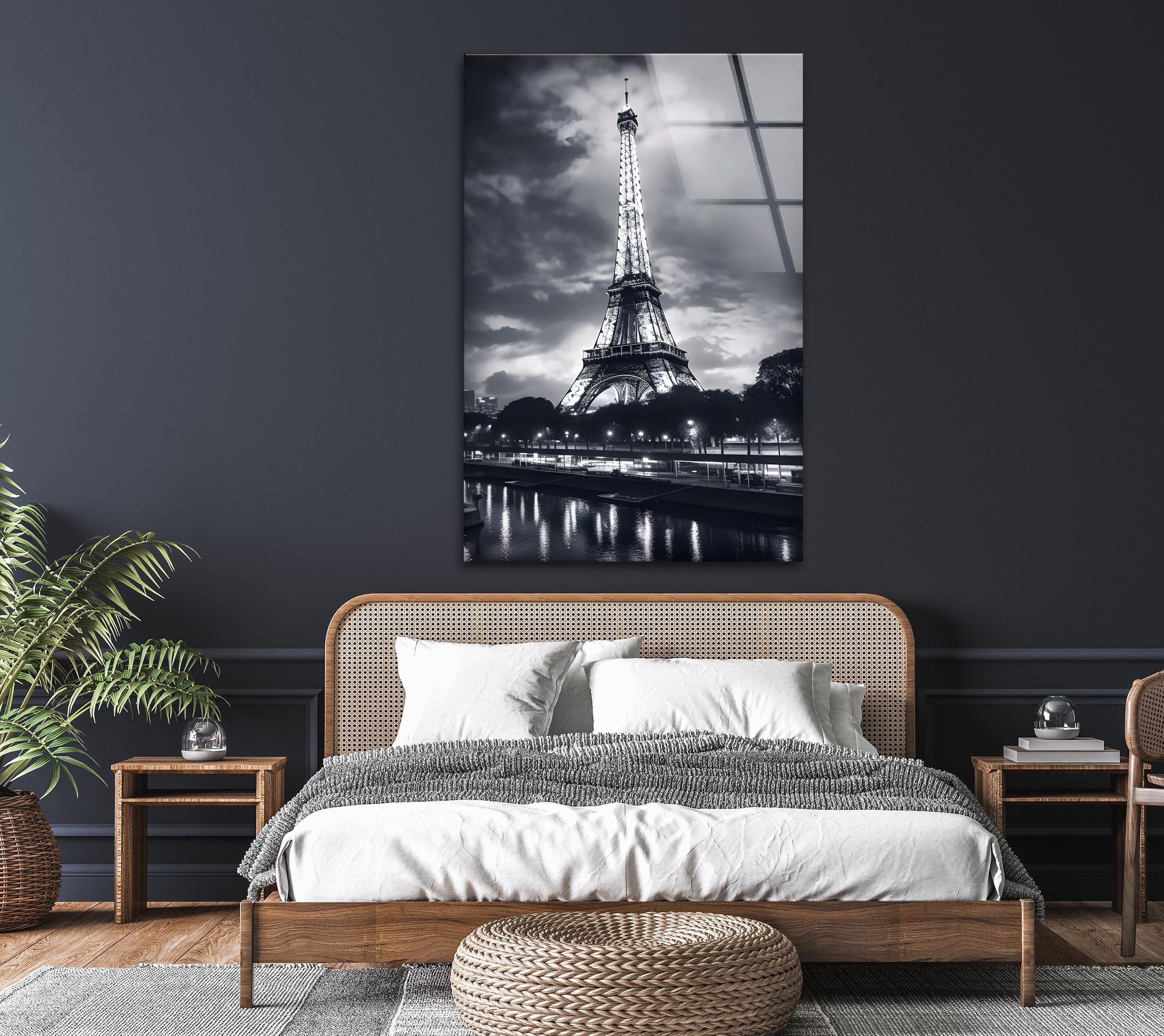 エッフェル塔の夜景を描いたガラス製ウォールアート、白黒のパリの