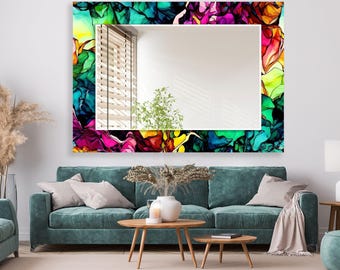Modern Tempered Glass Bathroom Wall Mirror, Hallway Vanity glass art printsative Bedroom, Framed Design