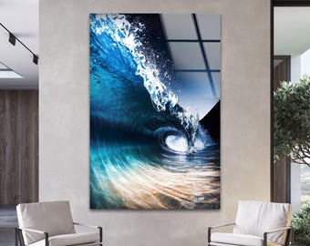 Ocean Wave Tempered Glass Wall Art, Coastal Decor