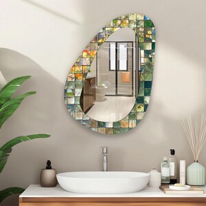 Green Gold Mosaic Asymmetrical Wall Mirror, Irregular Modern Statement Mirror Wall Decor, Elegant Entryway Bathroom Mirror