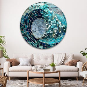 Ocean Wave Round Glass Wall Art, Round Blue Mosaic Look Glass Print, Aqua Blue Tones Glass Artwork, Coastal glass art prints for Homes