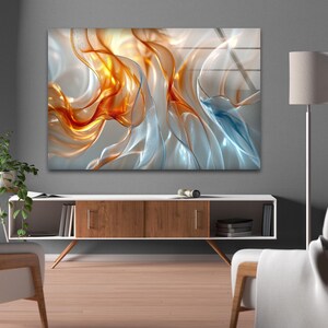 Cuadro de pared de vidrio con cinta azul y naranja, abstracto fluido translúcido, obra de arte moderna horizontal de vidrio templado.