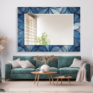 Blue Stained Glass Mirror, Large Decorative Wall Mirror, Modern Artistic Framed Mirror, Tempered Glass Wall Mirror, Blue wall mirror