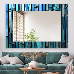 Blue Stained Glass Mirror, Large Modern Wall Mirror, Geometric Decorative Mirror for Bathroom, Blue Bathroom Tempered Glass Wall mirror,