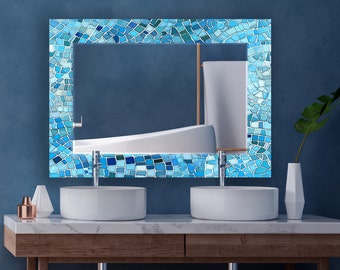 Blue Tempered Glass Wall Mirror: Asymmetrical Mosaic Decor