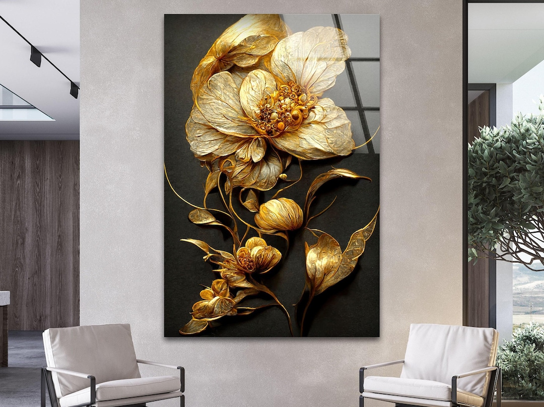 Golden Flower Tempered Glass Wall Art: Abstract Floral Decor - Etsy