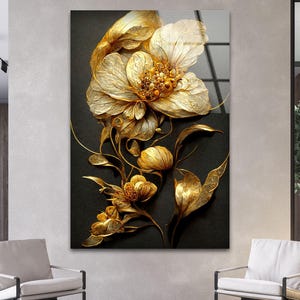 ゴールデンフラワー強化ガラスウォールアート：抽象的な花柄装飾