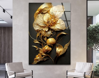 Golden Flower Tempered Glass Wall Art: Abstract Floral Decor - Etsy