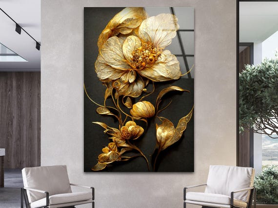 Golden Flower Tempered Glass Wall Art: Abstract Floral Decor - Etsy