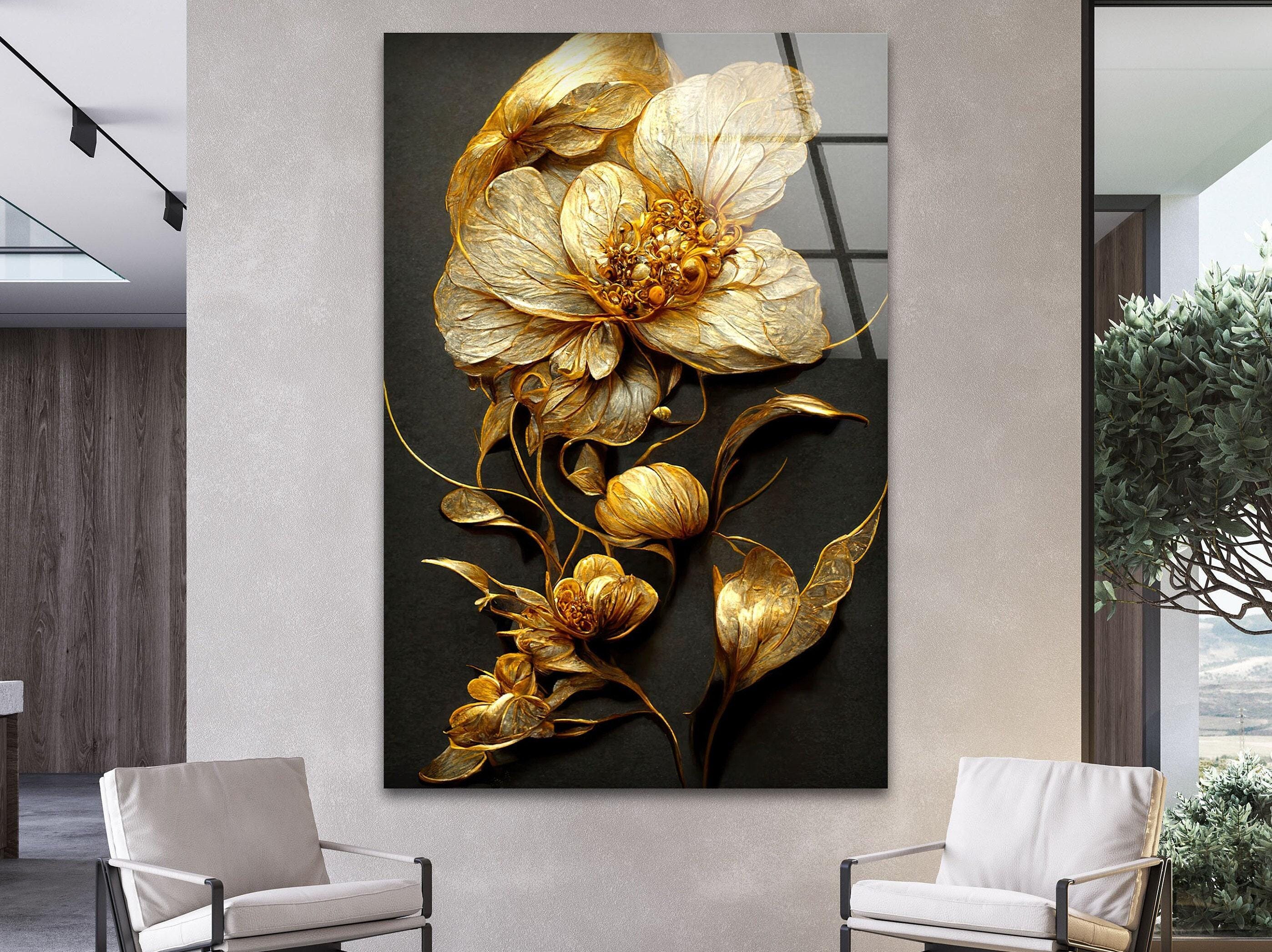 Golden Flower Tempered Glass Wall Art: Abstract Floral Decor - Etsy