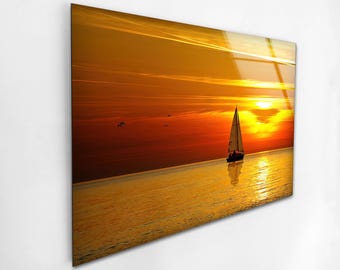 Wandbild „Segelboot im Sonnenuntergang“ aus gehärtetem Glas, goldene Meereslandschaft, modernes großes Wandbild, maritime Küstendekoration