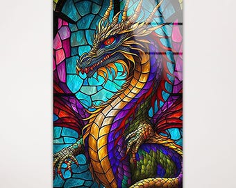Buntglas Drache, Fantasy Kunstdruck, Gamer Zimmer Dekor