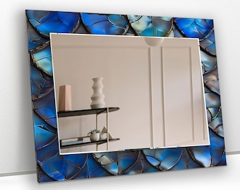Blue Tempered Glass Wall Mirror: Asymmetrical Modern Decor