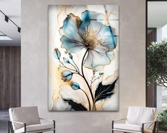 Blue Flower Tempered Glass Art, Floral Glass Printing Art, Flower Tempered Glass Wall Art, Alcohol ink Flower Glass Art, Floral Glass Panel