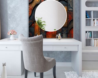 Badkamer, hal gehard glas mozaïek wandspiegel, blauw gebeitste make-upspiegel