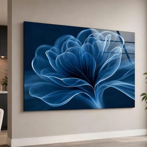 Blue Floral Glass Wall Art, Translucent Xray Flower Print, Navy Botanical Decor, Modern Blue Horizontal Artwork