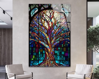 Stained Glass Tree Glass Wall Art, Colorful Mosaic Tree of Life Fantasy Photo Print, Vibrant Glass Wall Decor for Living Room