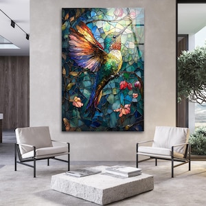 Colorful Hummingbird Glass Wall Art, Stained Glass Bird glass art prints for Living Room, Nature, Themed Home Accent, Vibrant Vertical Print
