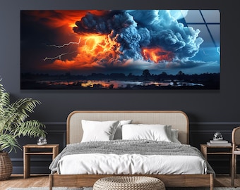 Storm Clouds Tempered Glass Wall Art: Lightning Landscape Decor