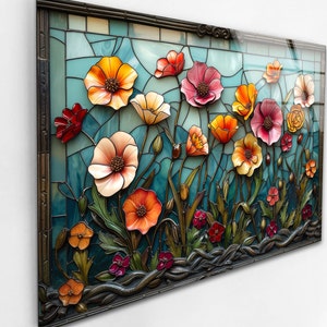 Tempered Glass Art-Glass Printing Art-Tempered Glass Wall Art-Glass Wall Decor-Floral Decor-Stained Window Decor-Stained Flowers Decor