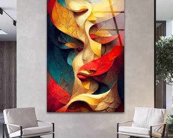 Modern Abstract Face Glass Wall Art, Colorful Geometric Portrait Design, Contemporary Glass Wall Decor for Living Room, Office, Studio