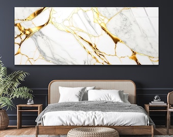 Tempered Glass Wall Art: White Marble & Golden Abstract Print