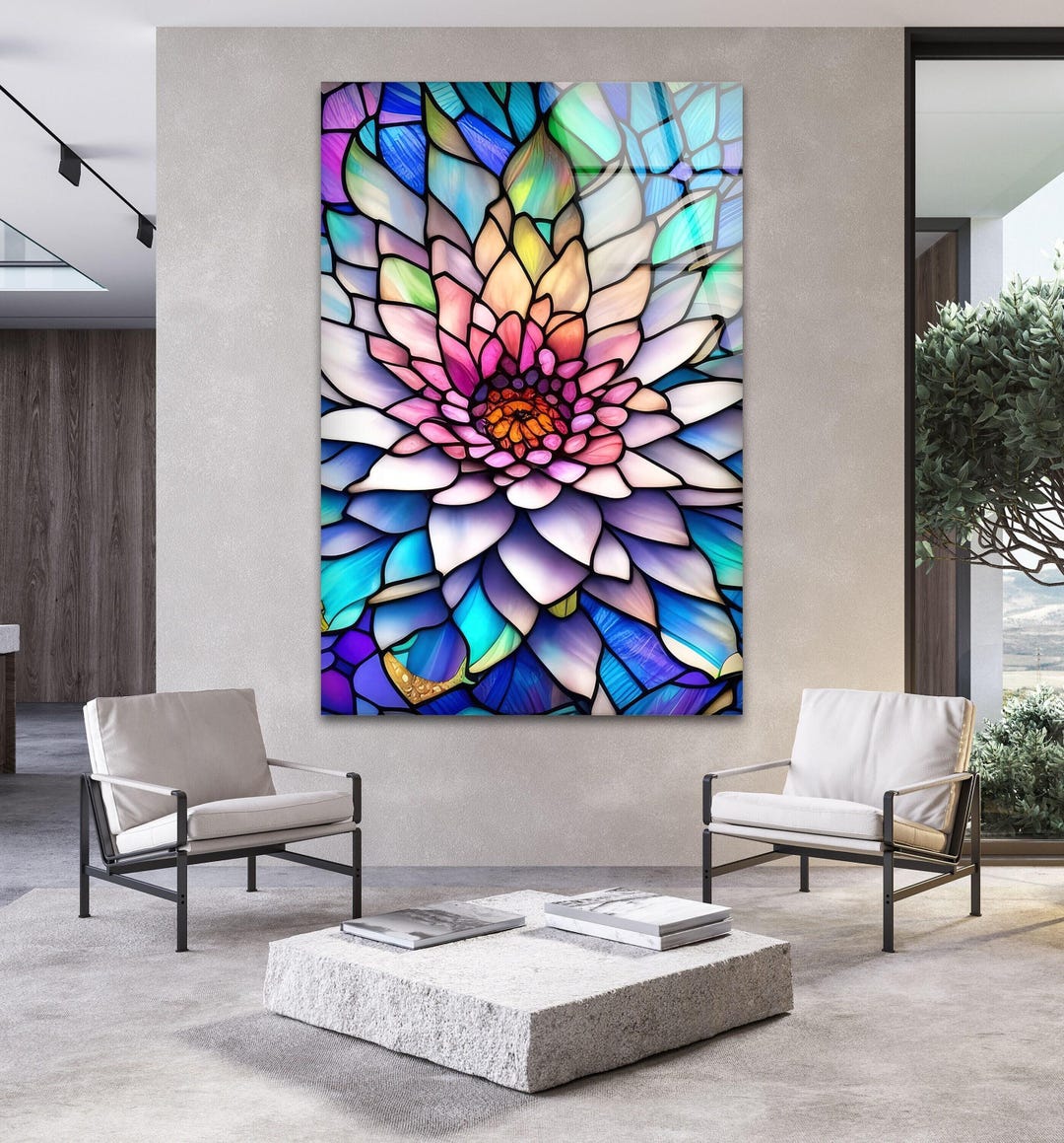 蓮の花のガラス製ウォールアート、カラフルなステンドグラス風モダン