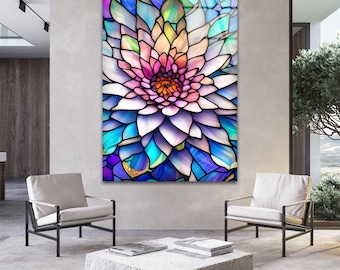 蓮の花のガラス製ウォールアート、カラフルなステンドグラス風モダン