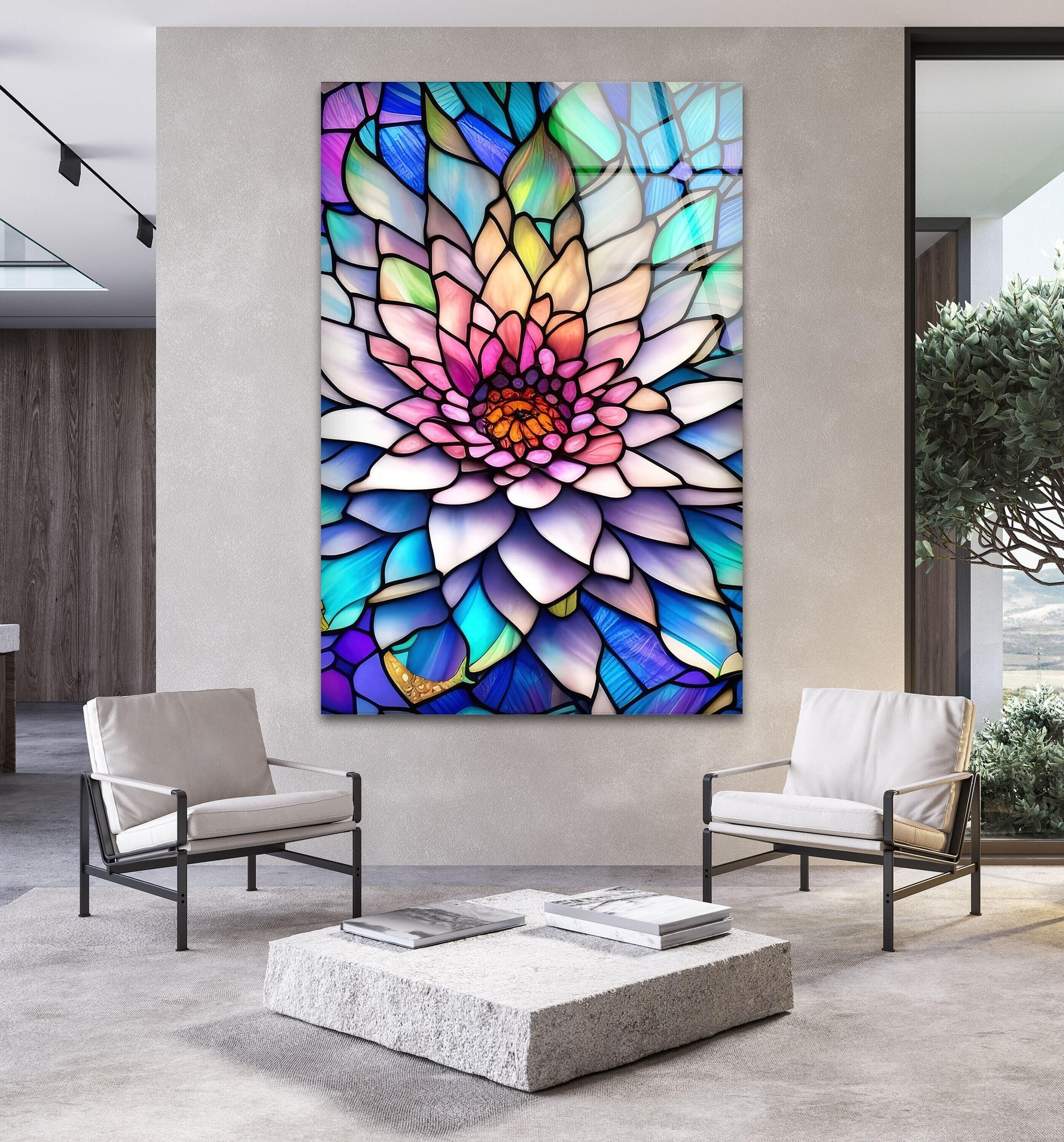 蓮の花のガラス製ウォールアート、カラフルなステンドグラス風モダン