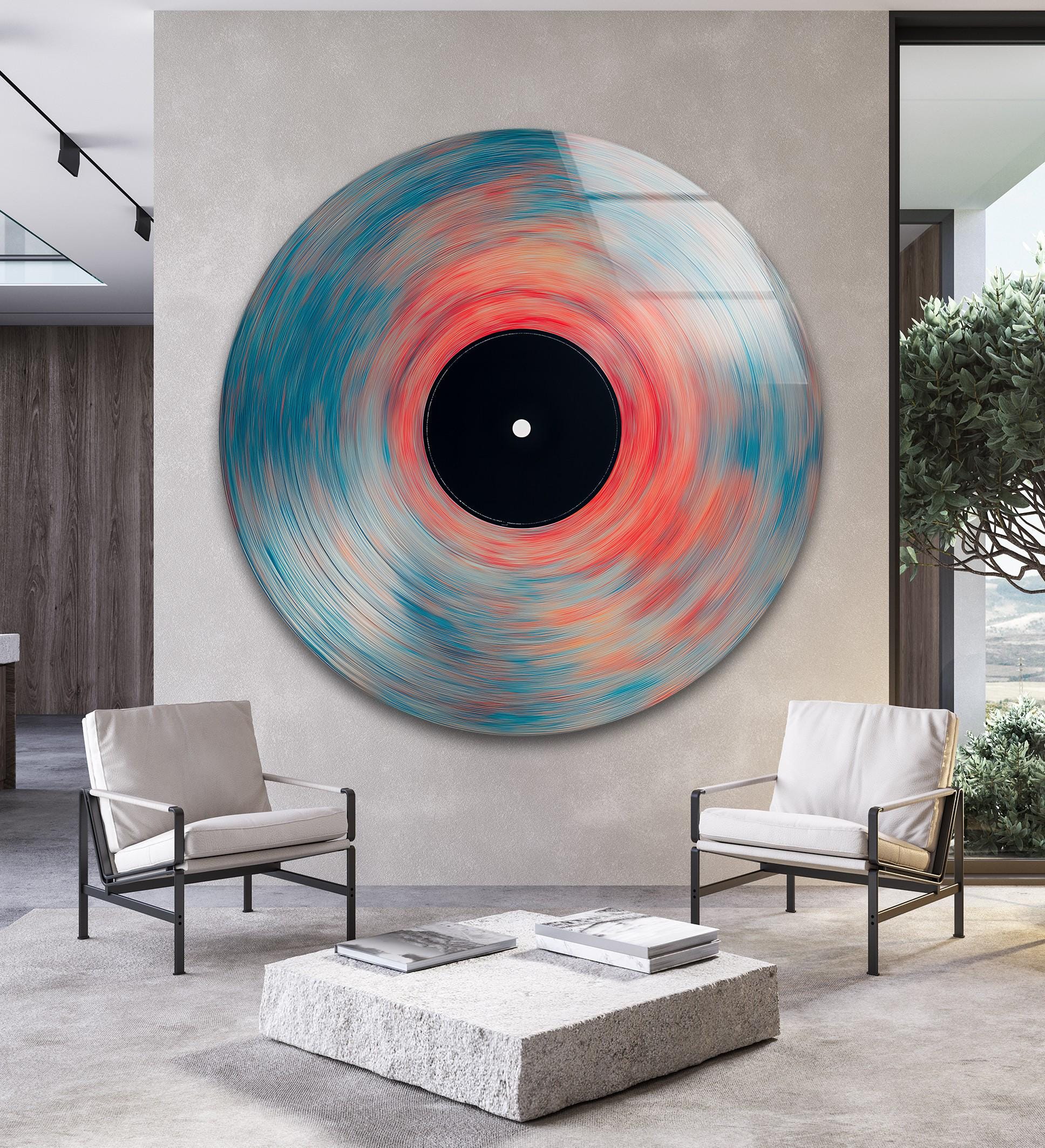 Abstract Vortex Glass Wall Art, Teal Coral Circular Motion Design