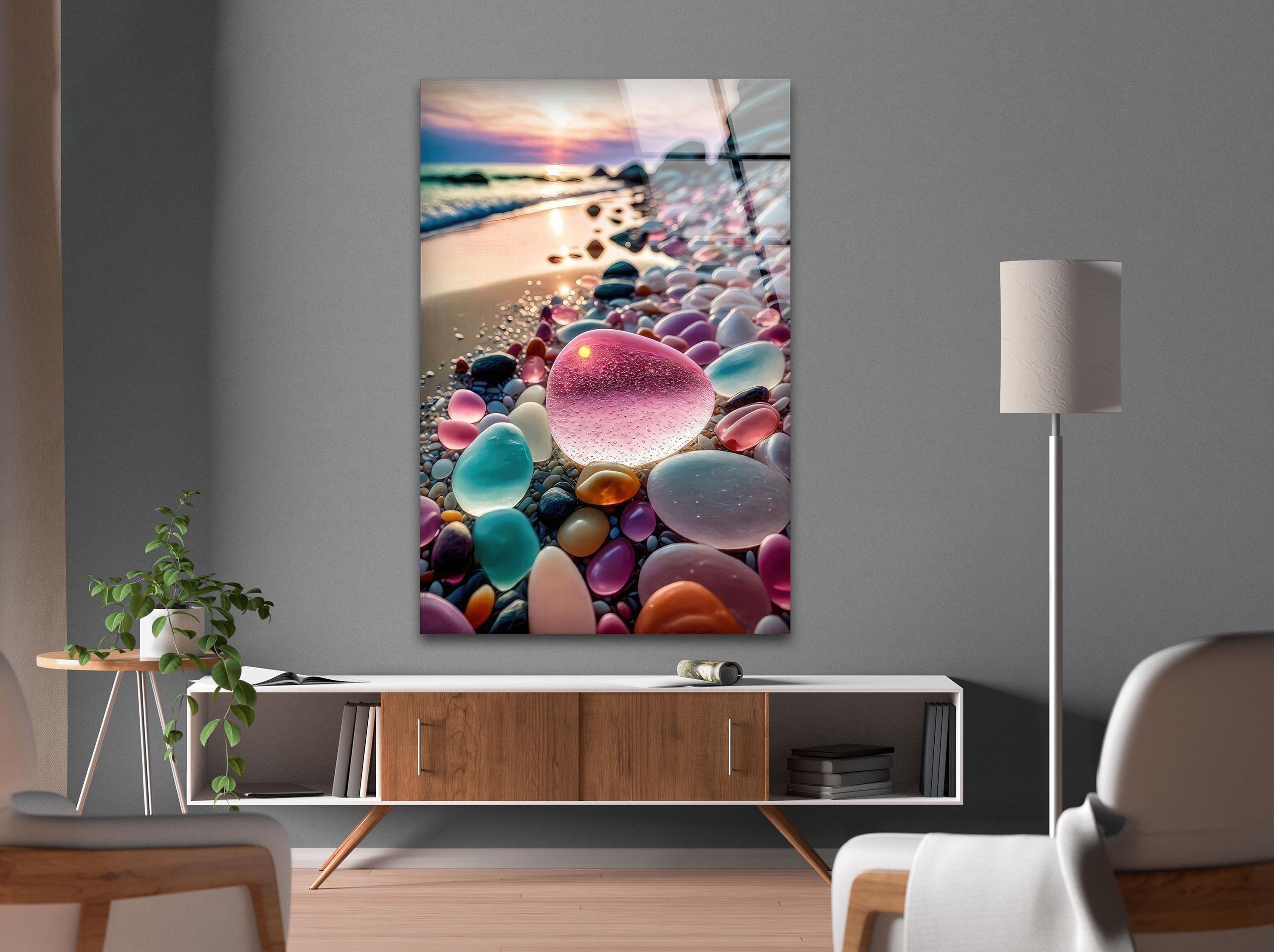 Colorful Sea Glass Tempered Glass Wall Art, Beach Pebbles at
