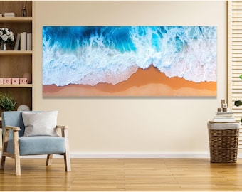 Arte mural de vidrio con olas panorámicas del océano, diseño amplio de costa aérea, decoración de pared de vidrio con espuma de mar turquesa para hogares modernos.