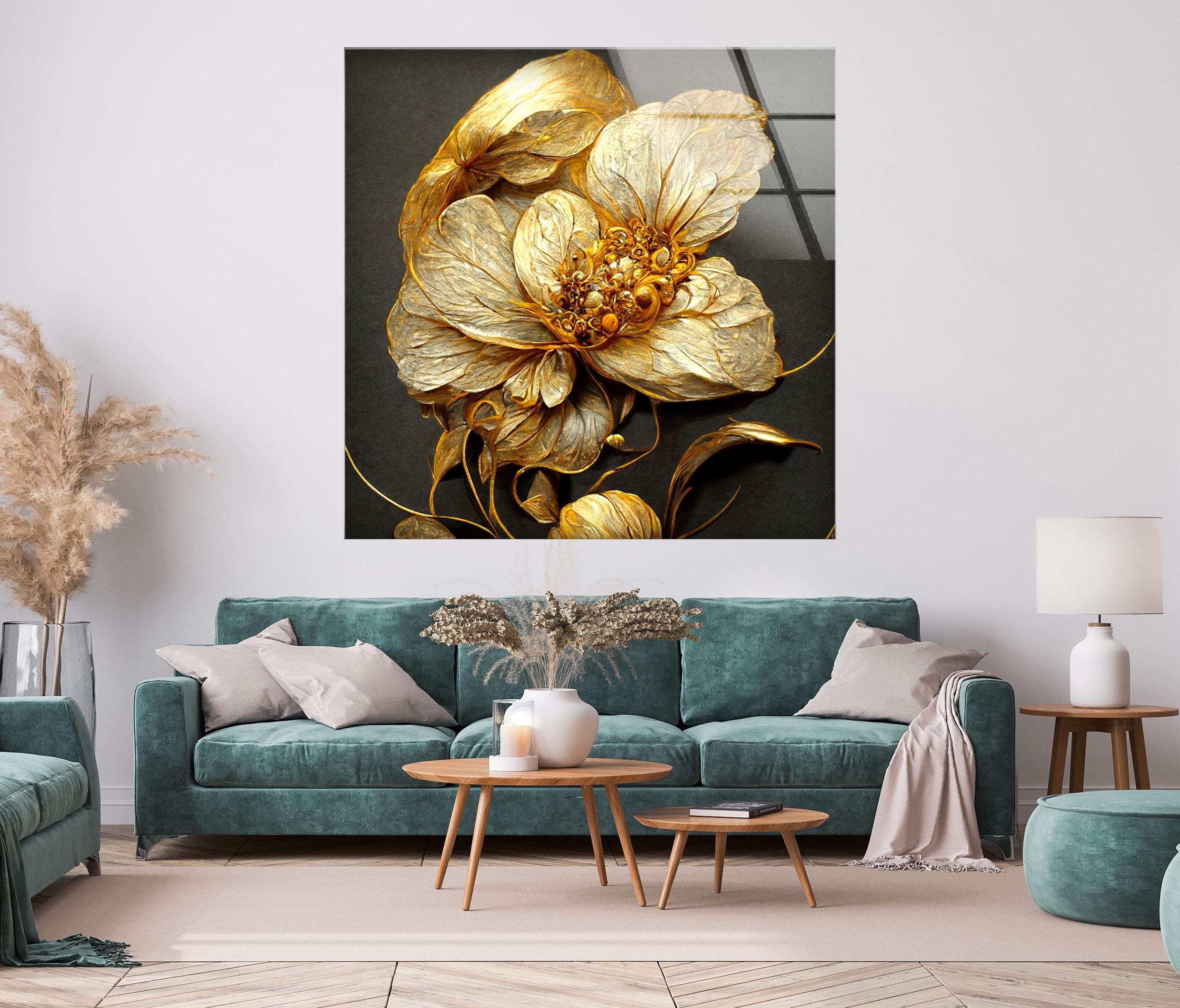 Golden Flower Tempered Glass Wall Art: Abstract Floral Decor - Etsy