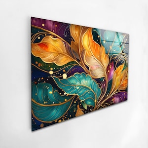 Tempered Glass Art, Flower Glass Printing Art, Abstract Floral Tempered Glass Wall Art, Leaf Glass Panel art, Botanical Glass Prints