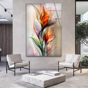 Oranje abstracte bloemenwanddecoratie van glas, botanisch lijnontwerp in turquoise en goud, verticaal kunstwerk van gehard glas