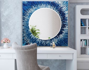 Tempered Glass Mirror Wall Decor for Blue Bathroom Mirror-Blue Round Wall Mirror-Stained wall Mirror-Mosaic Mirror-Bedroom Mirror Design