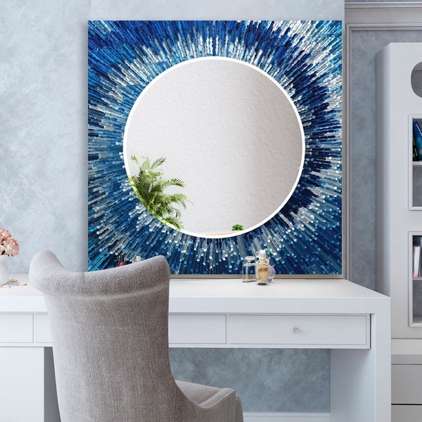 Tempered Glass Mirror Wall Decor for Blue Bathroom Mirror-Blue Round Wall Mirror-Stained wall Mirror-Mosaic Mirror-Bedroom Mirror Design