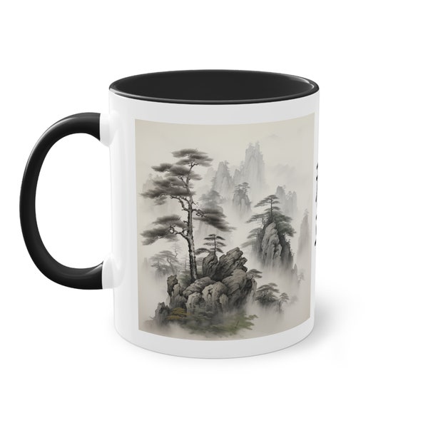 Zweifarbige Kaffeetasse, 11 Unzen, chinesische Symbole, die Ruhe und Gelassenheit bedeuten, chinesischer Hang mit Kiefern, friedliche Bäume auf felsigen Hügeln