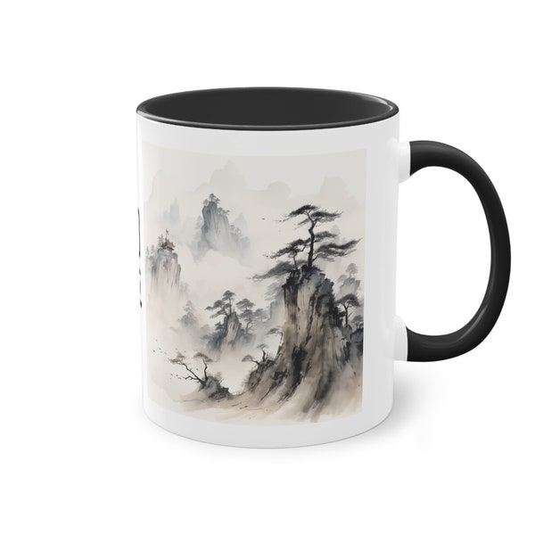 Zweifarbige Kaffeetasse, 11 Unzen, chinesische Symbole die Ruhe, Gelassenheit bedeuten, chinesischer Hang mit Pinien, friedliche Bäume auf nebligen Hügeln
