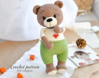 CROCHET BEAR PATTERN Amigurumi cute bear pattern Crochet tutorial Teddy bear in overalls crochet pattern