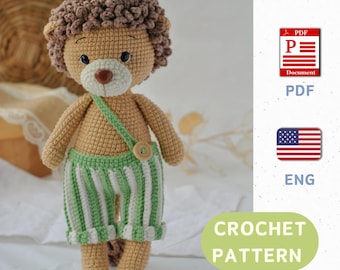 Patrón de crochet de león amigurumi en PDF, juguete de peluche, lindo león con mono, proyecto de crochet fácil de usar para principiantes