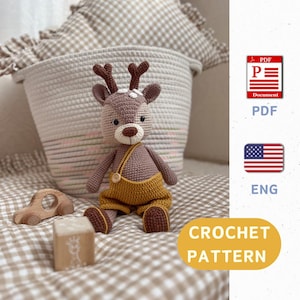 Virkmönster för hjortar, Amigurumi-leksak - söt ren i overall, virkmönster för jul och nyår
