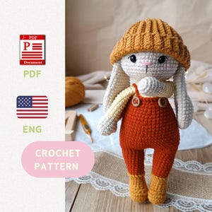 BUNNY CROCHET PATTERN Amigurumi cute rabbit pattern Crochet bunny in overalls and hat