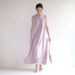 Lavender Herringbone Flare Dress – Sleeveless Half-Linen Long Dress with Pockets | Washable, Retro Cool Look | M/L Sizes,Summer Linen Dress