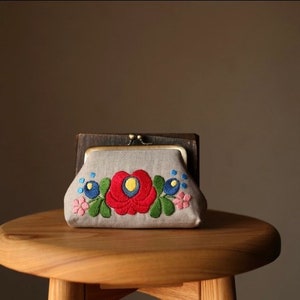Japanese handmade embroidered natural linen flower pouch,japanese pouch,handmade pouch,linen pouch